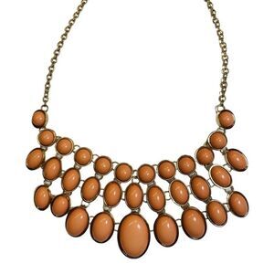 Peach Orange Oval Cluster Beaded Gold Tone Bib Statement Necklace 21”